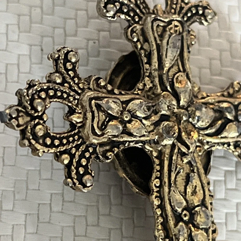 Vintage Ornate Tiger's Eye Cross Pendant Necklace Gold Tone Victorian 24